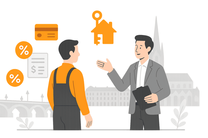 Illustration flat design d’un conseiller financier accompagnant un emprunteur à Bordeaux, avec des icônes de prêt, une maison et des éléments architecturaux bordelais