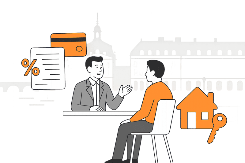 Illustration flat design d’un courtier immobilier accompagnant un emprunteur à Bordeaux, avec icônes de dettes, maison, et décor urbain reconnaissable 