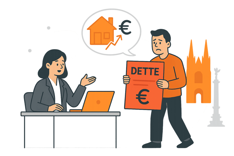 Illustration représentant un emprunteur à Bordeaux tentant d'obtenir un crédit immobilier malgré son endettement, avec des éléments visuels financiers et des couleurs modernes orange et gris