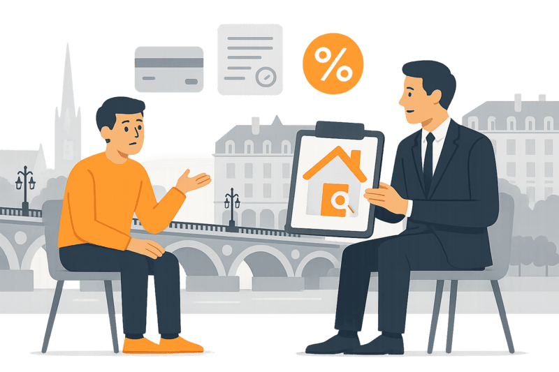 Illustration flat design d’un courtier expliquant un prêt immobilier à Bordeaux avec icônes de dettes et décor urbain