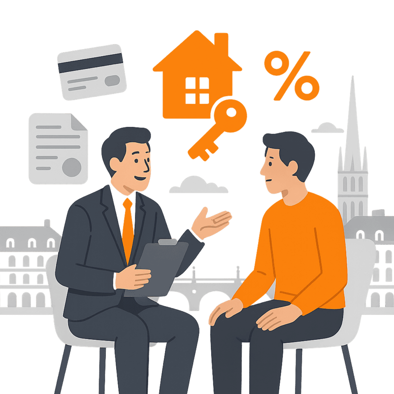Illustration flat design d'un courtier immobilier accompagnant un emprunteur à Bordeaux, avec des icônes de crédit et le Pont de Pierre en arrière plan