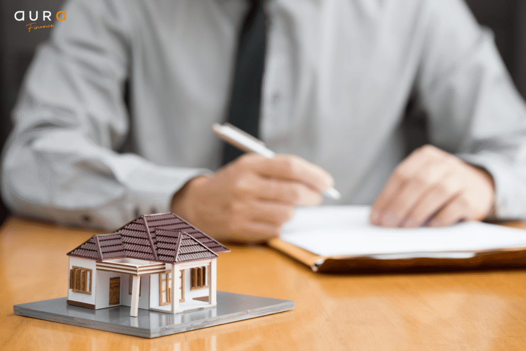 Les banques mettent en attente la production de prets immobiliers|Illustration flat design d’un courtier expliquant un prêt immobilier à Bordeaux avec icônes de dettes et décor urbain ()