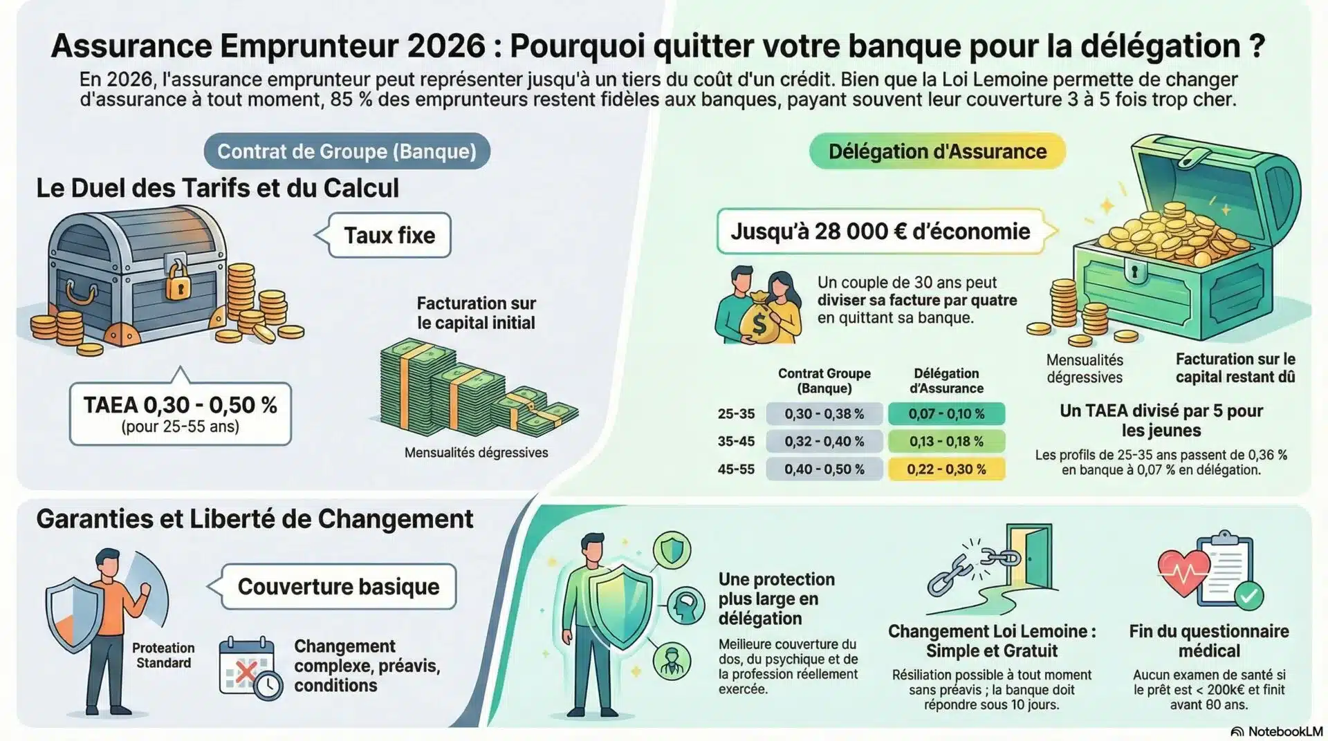 Infographie comparatif assurance emprunteur 2026 banque vs délégation - Aura Finance
