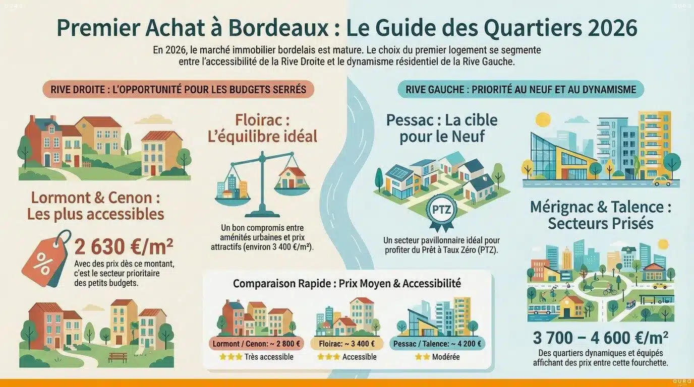Infographie quartiers accessibles primo-accédants Bordeaux - Aura Finance