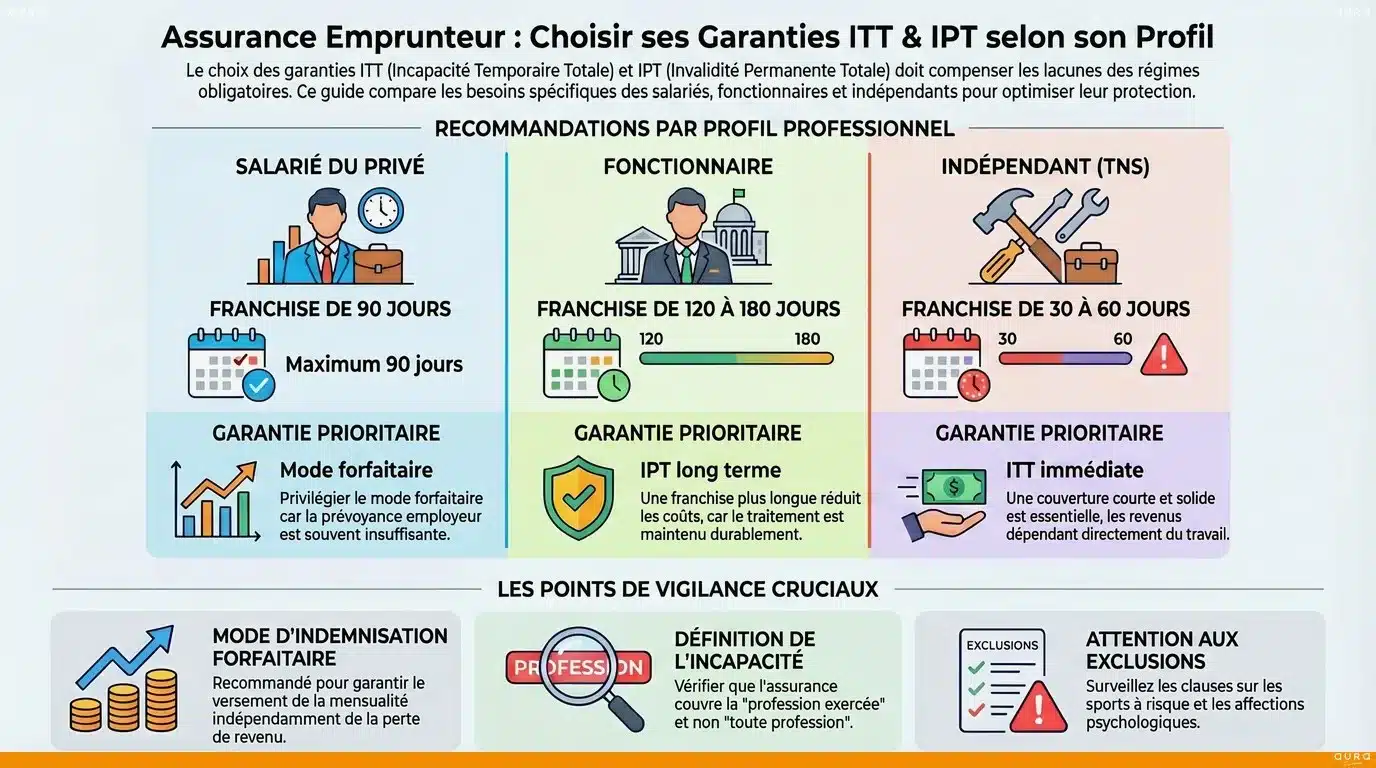 Infographie choisir garanties ITT IPT selon profil - Aura Finance