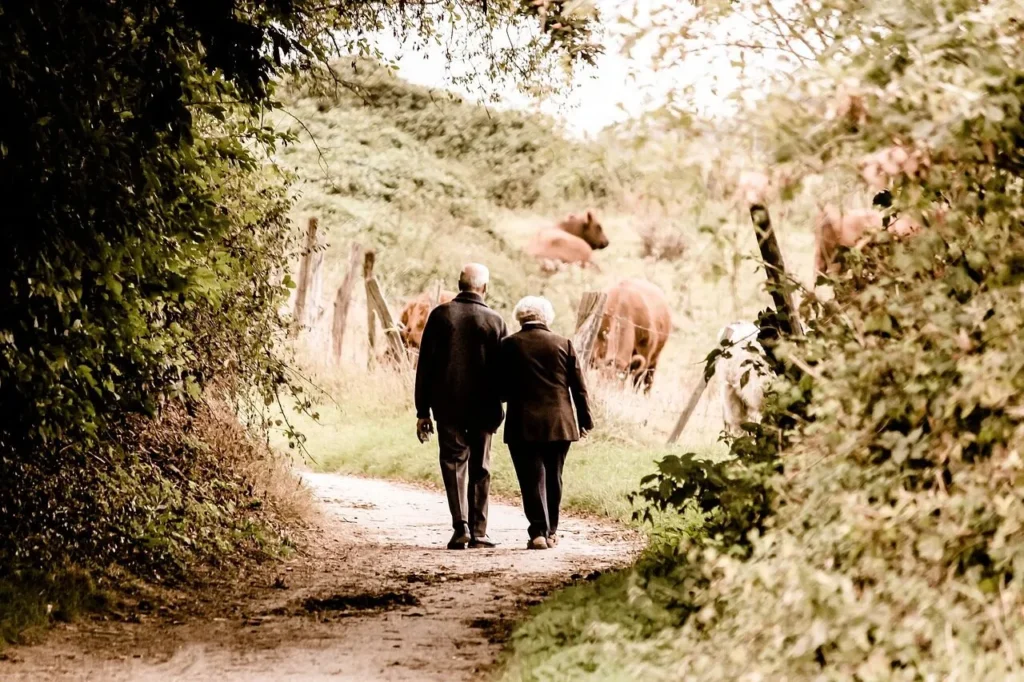 Couple de seniors heureux en randonnee campagne — preparation retraite et rachat de credit