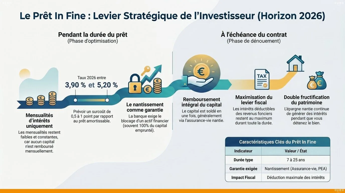 Infographie fonctionnement prêt in fine et nantissement - Aura Finance