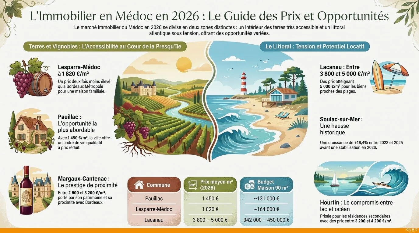 Infographie prix immobilier communes Médoc 2026 - Aura Finance