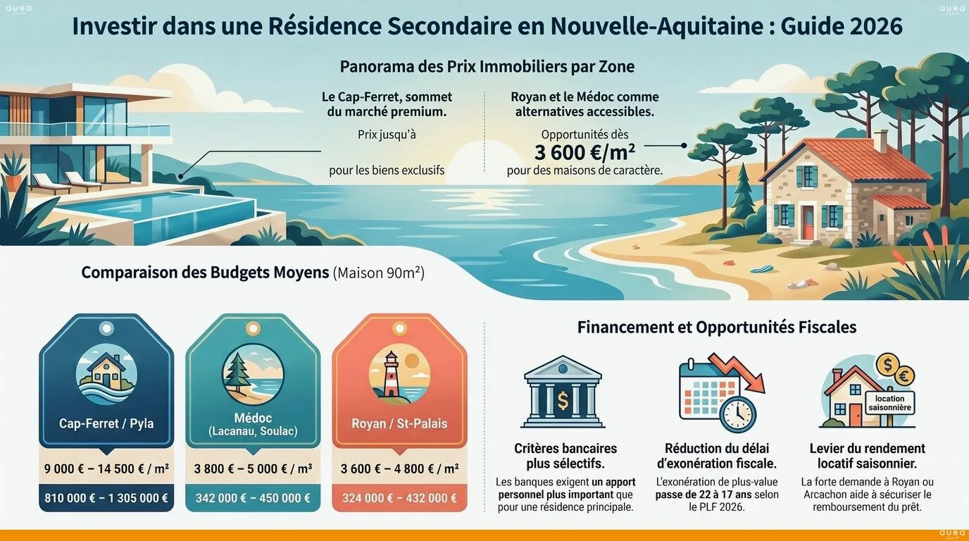 Infographie marché résidence secondaire Bassin Arcachon Médoc - Aura Finance