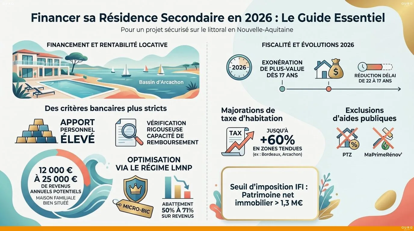 Infographie fiscalité résidence secondaire 2026 location saisonnière - Aura Finance