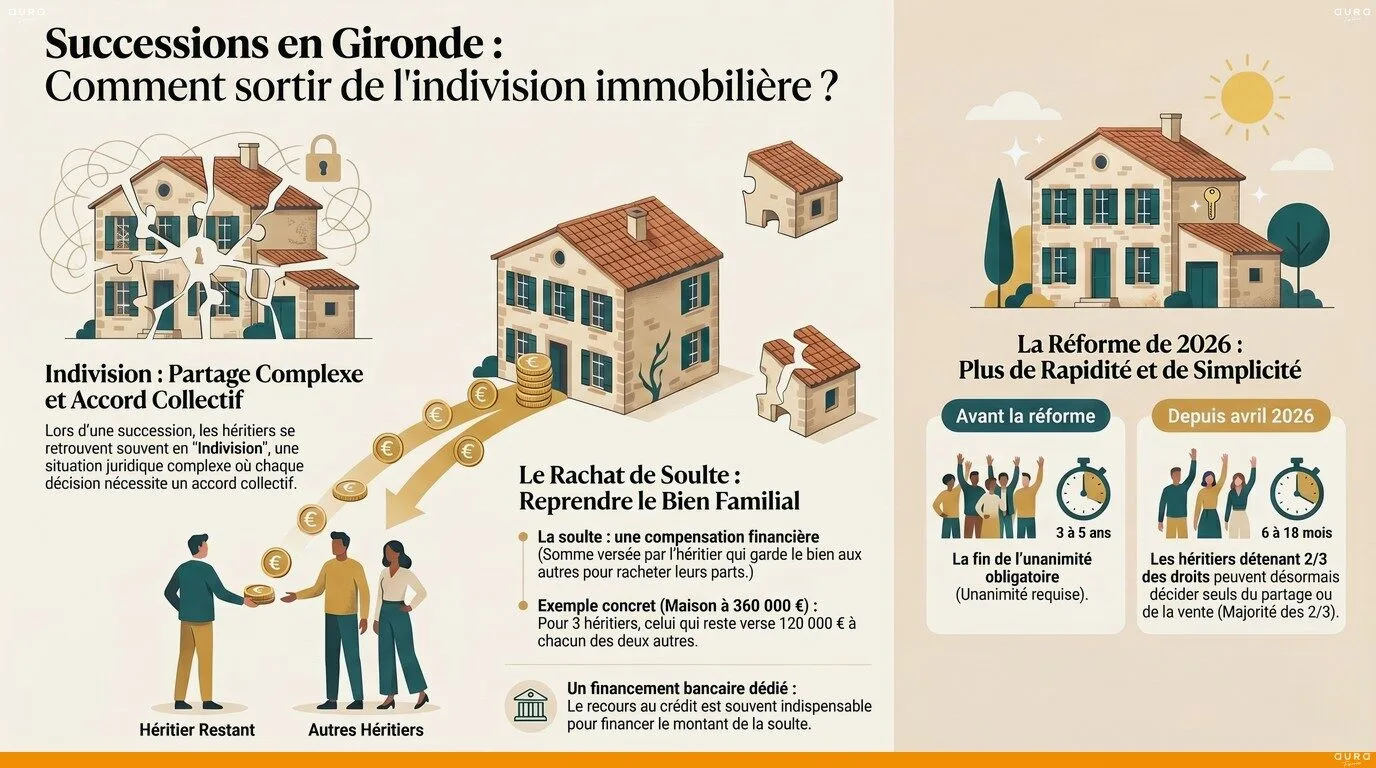 Infographie indivision et rachat de soulte succession - Aura Finance