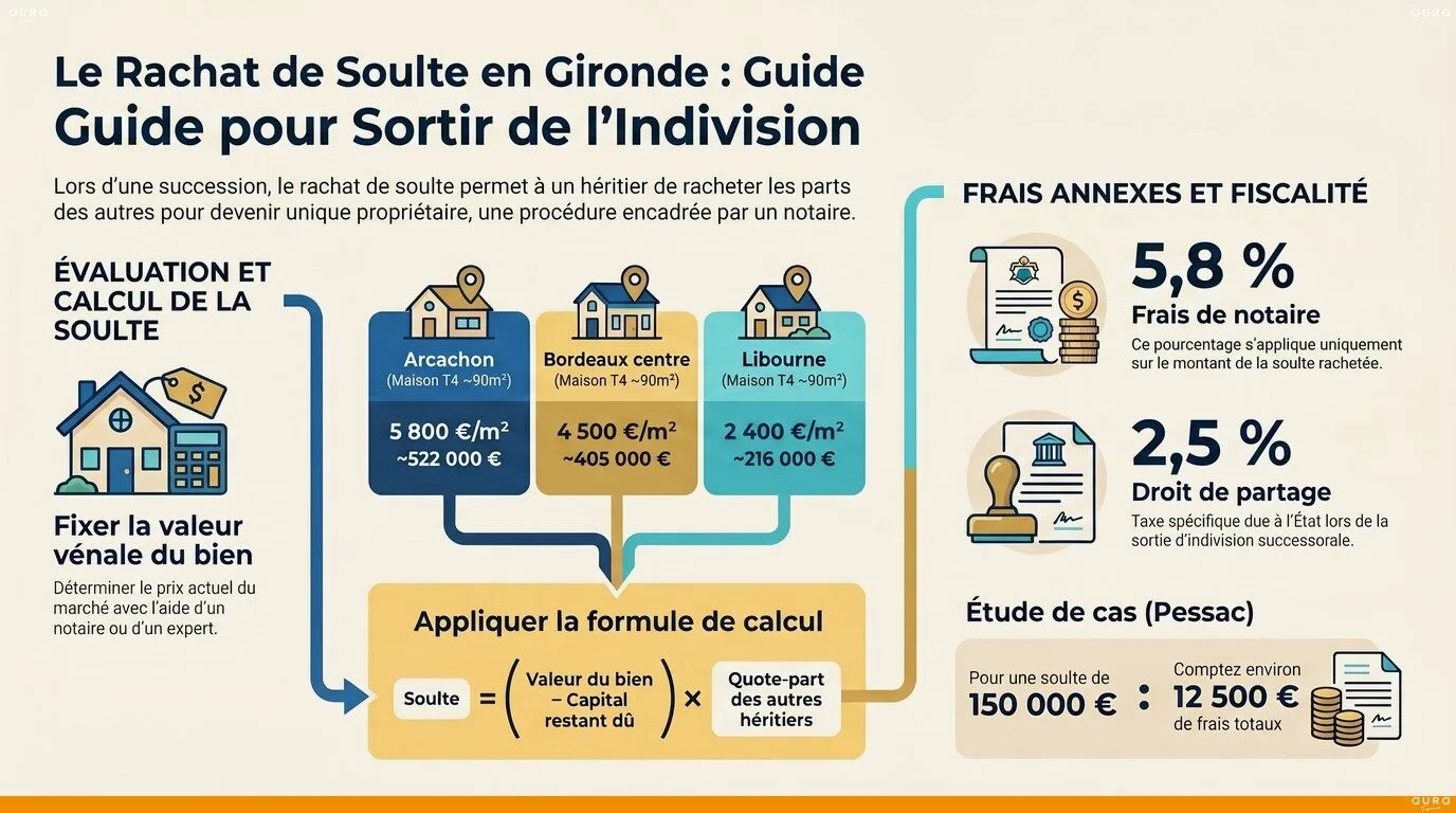 Infographie calcul rachat de soulte succession Gironde - Aura Finance