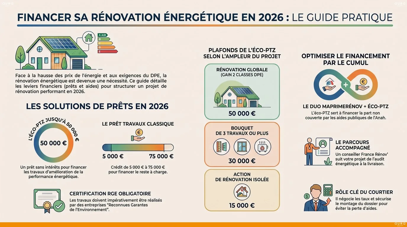 Infographie financer sa rénovation énergétique en 2026 - éco-PTZ, MaPrimeRénov' et accompagnement courtier Aura Finance Bordeaux