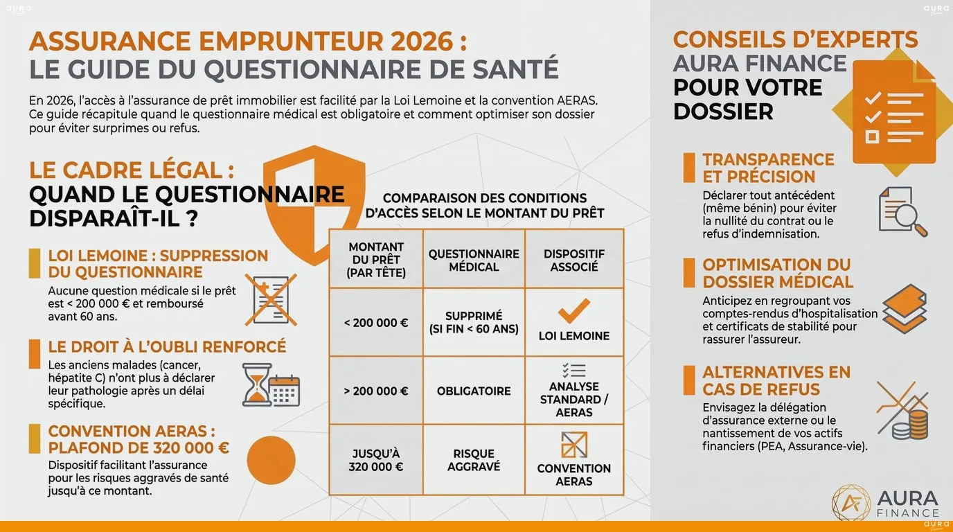 Infographie Questionnaire santé assurance emprunteur : le guide complet 2026 - Aura Finance